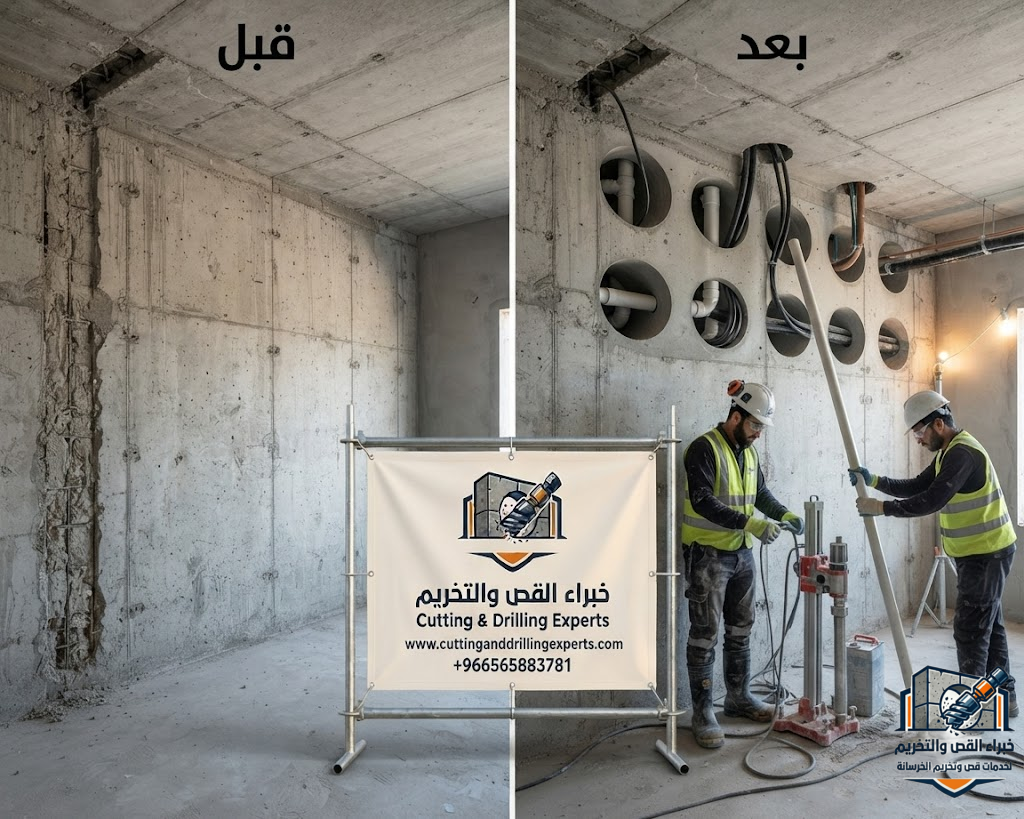 تنفيذ فتح كور للمواسير والكهرباء وتمديدات السباكة والتكييف في الرياض باستخدام أحدث أجهزة الكور الماسي